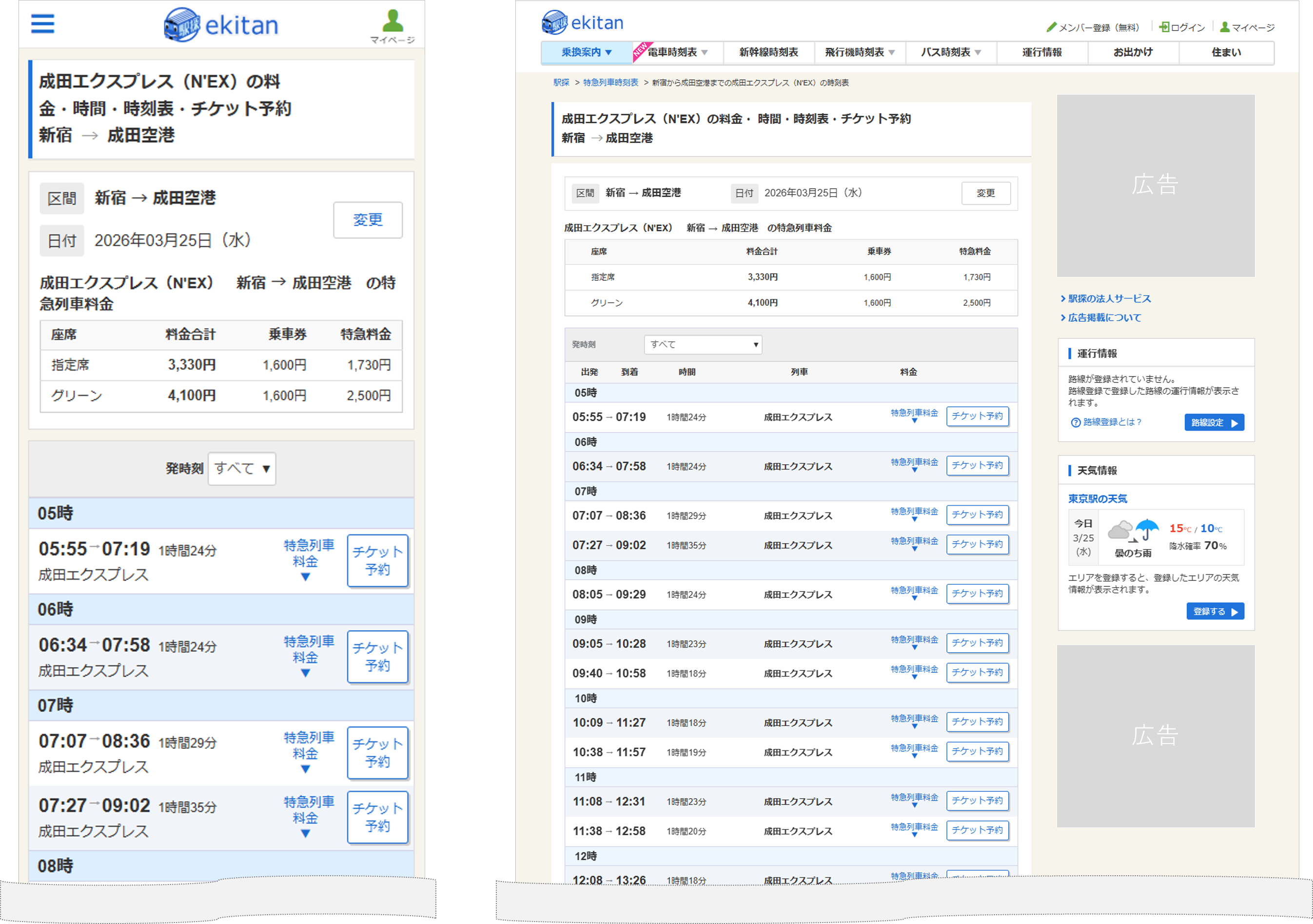 特急列車時刻表 検索結果画面